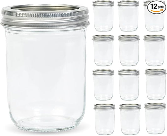 12 Pack 16 oz Wide Mouth Clear Mason Jars with Silver Metal Lids, Canning Jars for Overnight Oats, Food Storage, Dry Food, Snacks, Candies and More