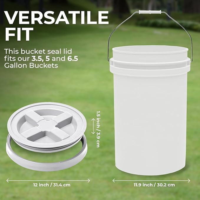 6.5-Gallon White Bucket Pail with Gamma Seal Screw on Airtight Lid, Heavy-Duty 90MIL Extra Durable, Food Grade, Metal Handles with Plastic Grip for Easy Carrying, Easy Stack & Store, BPA Free - 3 Pack