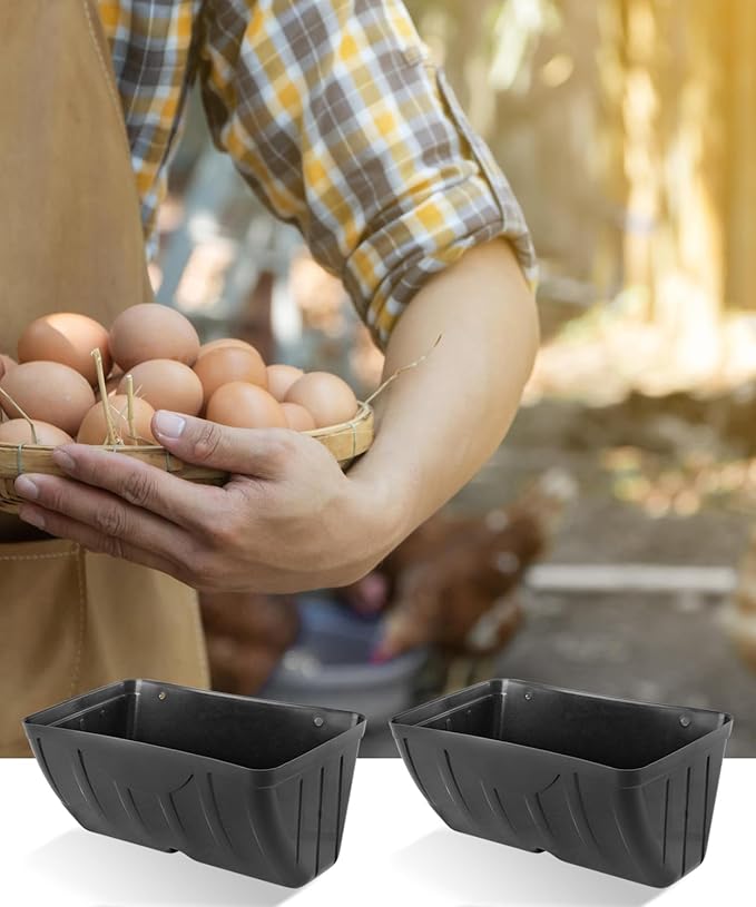 Chicken Feeder, 2 Pack, Poultry Feeders and Waterers, Hanging Goat Feeder, Livestock Fence Feeder, Feed Trough and Waterer Bucket with Clips, Black