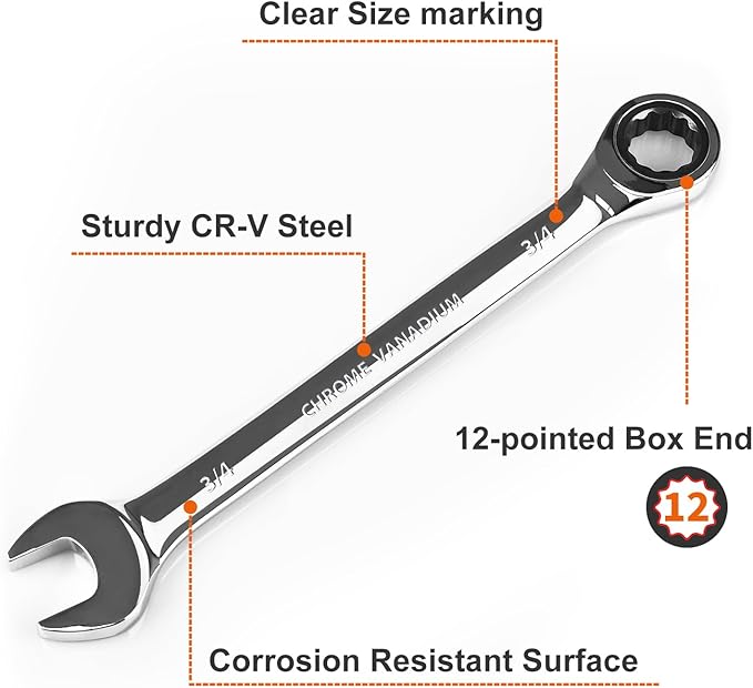 Egofine 3/4 inch Ratcheting Combination Wrench SAE, Industrial Grade Gear Spanner with 12-Point Design, 72-Tooth Ratchet, Chrome Vanadium Steel