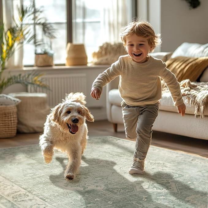 GENIMO 2x5 Runner Rugs for Hallway, Machine Washable Non Slip Vintage Rugs, Low Pile Lightweight Soft Print Rug for enrtyway, Corridor, Home Office, Kitchen, Light Green