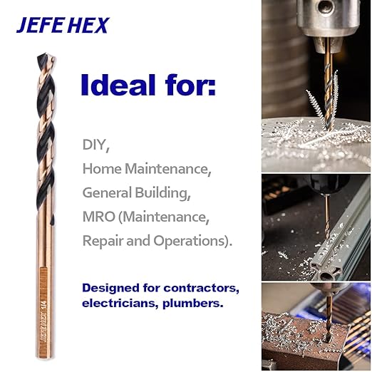 1/4" High Speed Steel Black & Gold Coated Drill Bit, Jobber Length with 3-Flat Shank, 135 Degree Split Point. Ideal for Steel, Wood and Plastics. Suitable for DIY & General Purpose Usage. (3 pcs)