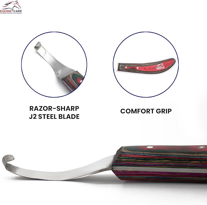 Equine Care Farrier Hoof Knife (Right-Handed) | Razor Sharp J2 Stainless Steel Blade, Ergonomic Handle | Professional Grade Precision Tool for Horse, Cow, Goat & Livestock Hoof Trimming & Shoeing.