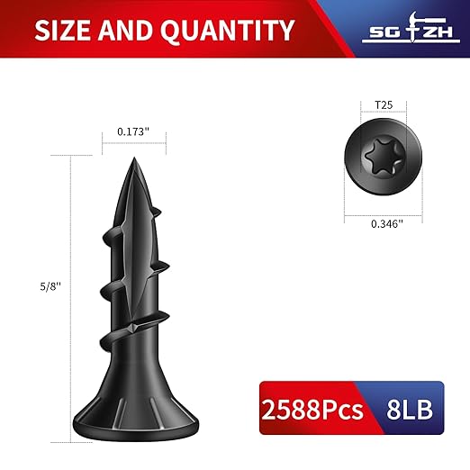 #8 x 5/8" Deck Screws (2588Pcs) 8lb. Carbon Steel, Black, Flat Head, Rust Resistant epoxy Coated, with T25 Star Bit