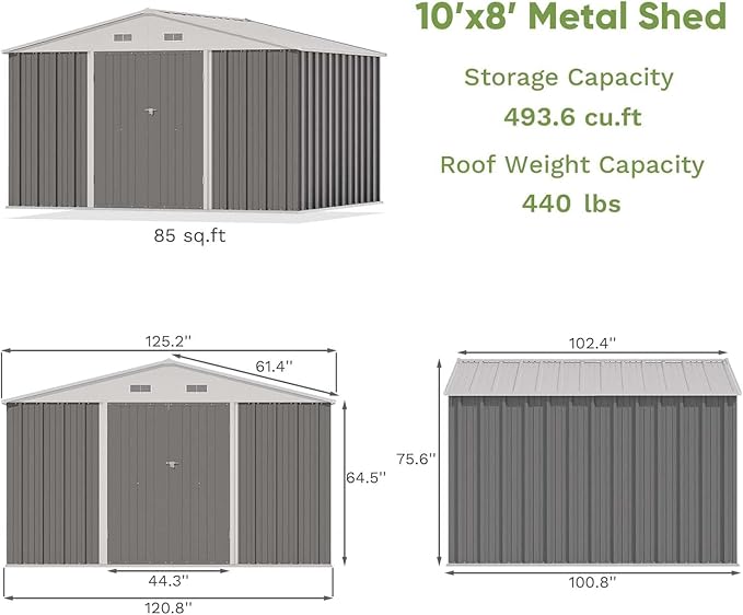 Greesum 10x8FT Outdoor Storage Shed, Utility Tool Shed Metal Storage Garden Shed with Door & Lock for Patio Storage, Gray