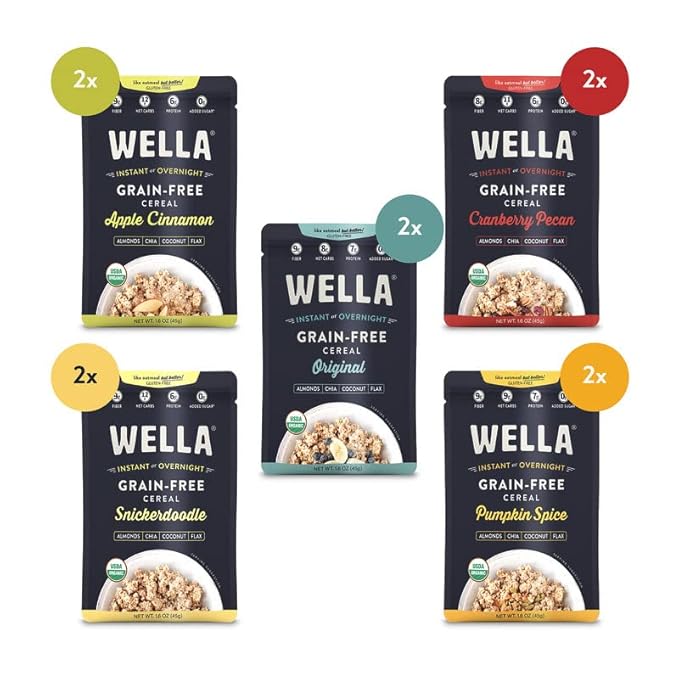 Wella Cereal Oatmeal Alternative, Gluten-Free Breakfast Hot Cereal, Grain-Free Paleo Organic Vegan High Protein Superfood, Plant-Based Non-GMO, Low in Net Carbs, Single-Serve Packets, Flavor Variety Sampler (10 Count, 2 of Each Flavor, 1.6 oz. Packets)