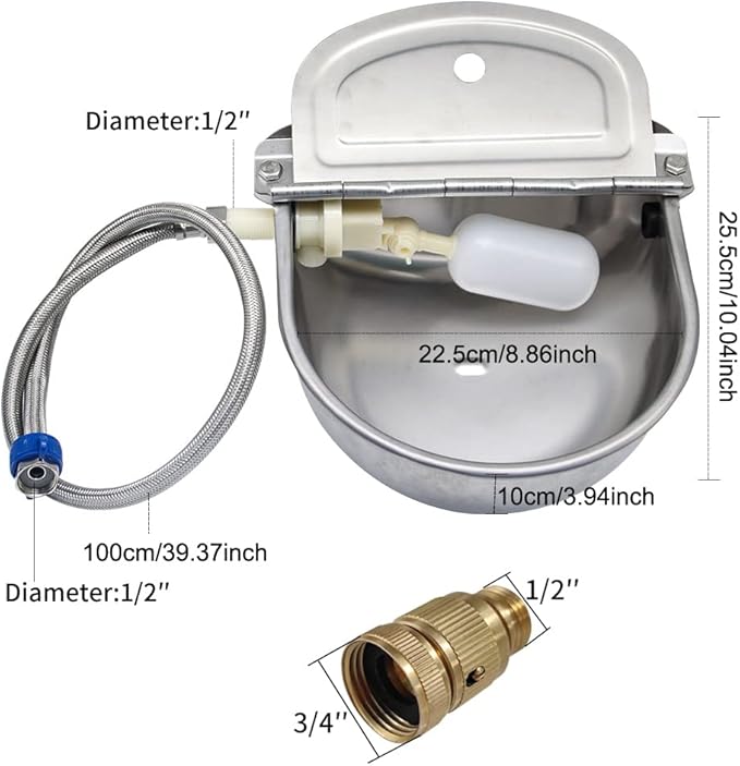 Stainless Steel Automatic Waterer Bowl Farm Livestock Pet Auto-Watering for Dog Cattle Horse Float Valve Sheep Goat with Float Water Valve Pipe and 3/4''Adaptor