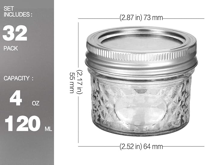 VERONES Mason Jars Canning Jars, 4 OZ Jelly Jars With Regular Lids and Bands, Ideal for Jam, Honey, Wedding Favors, Shower Favors, DIY Spice Jars, 32 PACK,Extra 32 Lids