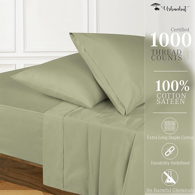 URBANHUT 1000 Thread Count California King Size Egyptian Cotton Sheets, Long Staple Soft & Breathable, 4 Pc Bed Sheet Sets for Cal King Bed, Luxury Hotel Sateen Sheets Fits 16" Deep Pocket - Sage