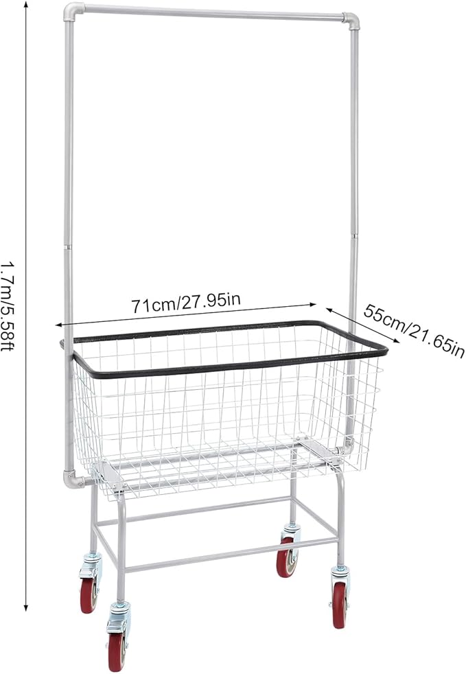 TFCFL Heavy Duty Wire Laundry Cart with Double Pole Rack, 2.5 Bushel Wire Laundry Basket with Wheels, Commercial Rolling Laundry Basket 110lbs Capacity, Steel Basket for Laundry Clothes Storage