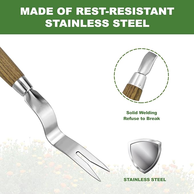 Weed Puller Tool, Hand Weeder with Good Leverage for Easy Pulling Weeds, Heavy Duty Stainless Steel Dandelion Puller Tool, Weed Digger Fork with Comfortable Wood Handle for Removal Dandelion crabgrass