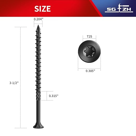 #10 x 3-1/2" Deck Screws (51Pcs) 1lb. Carbon Steel, Black, Flat Head, Rust Resistant epoxy Coated, with T25 Star Bit