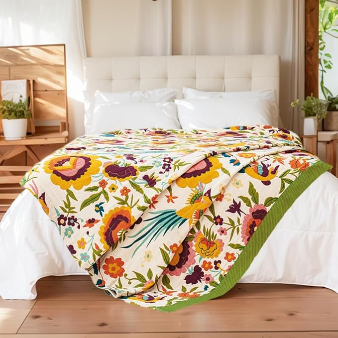 Boho Throw Blanket, 100% Organic Cotton Breathable Ultra Soft 91" x 98" Bed Quilt Throw - All Season Floral Rustic Farmhouse Decor Luxury Reversible Blanket for Sofa Couch Chair and Gift