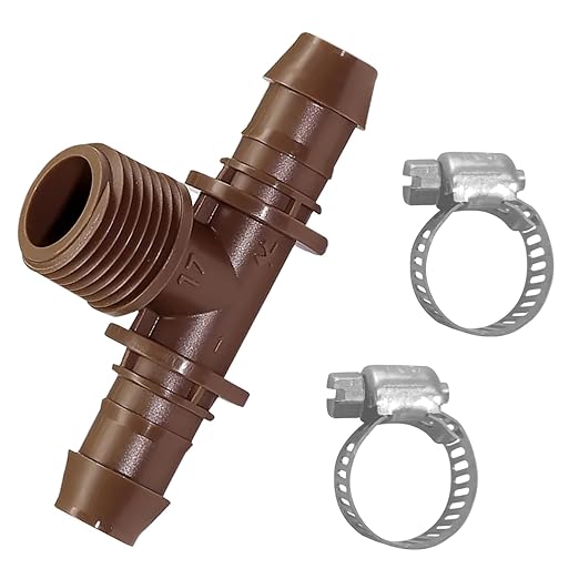 LECTO 1/2" MPT Drip Irrigation Tee Adapter – Fits 1/2" & 5/8" Drip Tubing, Barbed Tee Connector with Stainless Steel Clamps, UV-Resistant (3 Pack)