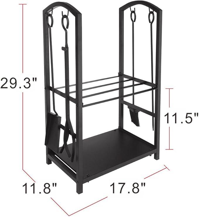 ATR ART TO REAL Firewood Log Rack Fireplace Tool Sets Black Wrought Iron Firewood Storage Holder Fireplace Wood Carrier Fireside Lumber Stacking Log Bin Brush Shovel Poker Tongs 17.8 x 11.8 x 29.3in