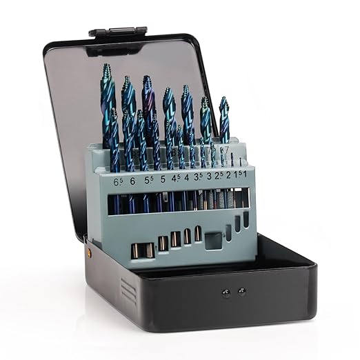 19Pcs Cobalt Drill Bit Set, M35 HSS Stepped Point Drill Bit, 135 Degree Tip High Speed Steel with Blue Oxide Finish, Stainless Steel, Plastic and Wood with Metal Indexed Storage Case