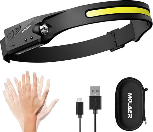 Rechargeable LED Headlamp, 230° Illumination Headlight with Motion Sensor, Lightweight, Weatherproof, 2 Light Source Head Lamp Flashlight for Camping, Hiking, Running, Outdoor - Adults and Kids