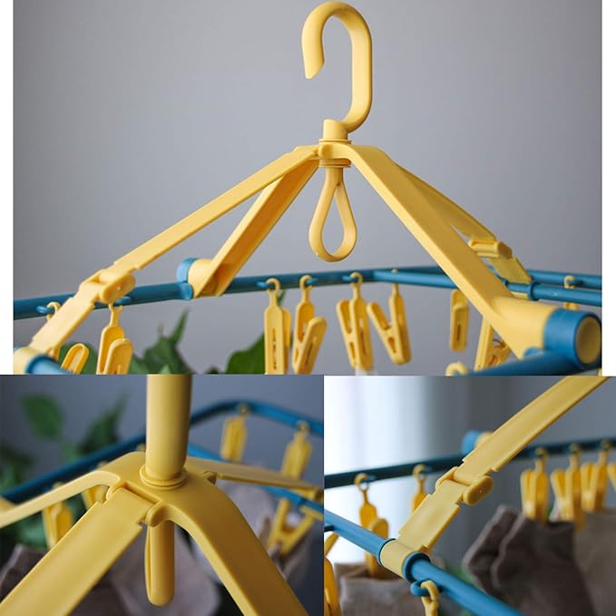 Drip Hanger Foldable Clip Hangers Plastic Wth 32 Drying Clips Wind-Proof Hook Laundry Drying Rack Hanger for Underwear Socks Bras Lingerie