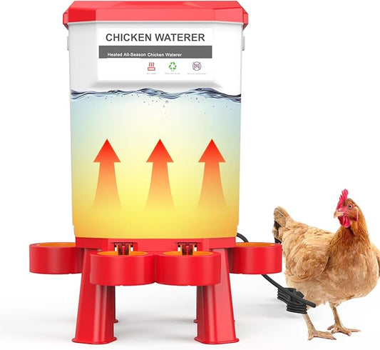 Heated Chicken Waterer, Plastic Chicken Water Heater, Anti-Freeze Heated Poultry Drinker with 4 Cups, Winter and Summer Dual-use, Poultry Water Heater for Chickens, Ducks, Geese - Red 7L