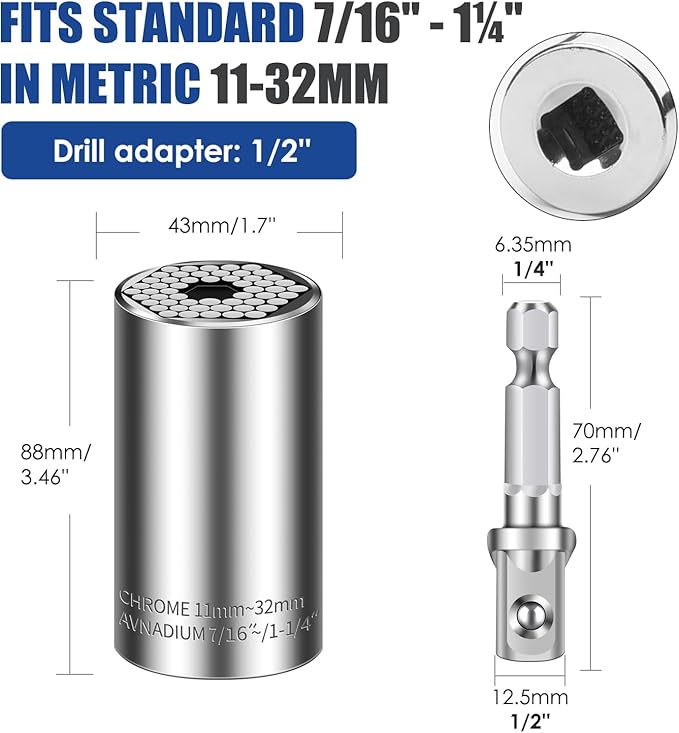 Universal Socket Set (11-32mm 7-19mm) Super Socket for Unscrew Any Bolt Multi-Function Universal Wrench Tool Kit with Power Drill Adapters Gifts for Men, Father/Dad, Husband, DIY Handyman 4PCS