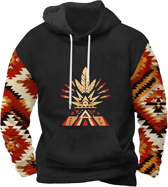 Mens Hooded Sweatshirt Vintage American Element Long Sleeve Fall Hoodie Classic Drawstring Front Pocket Pullover