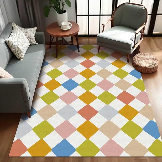 Checkered Washable Geometry Diamond Area Rugs 5x7 Modern Colorful Soft Large Carpet for Children's Room Living Room Entryway Bedroom Non-Slip