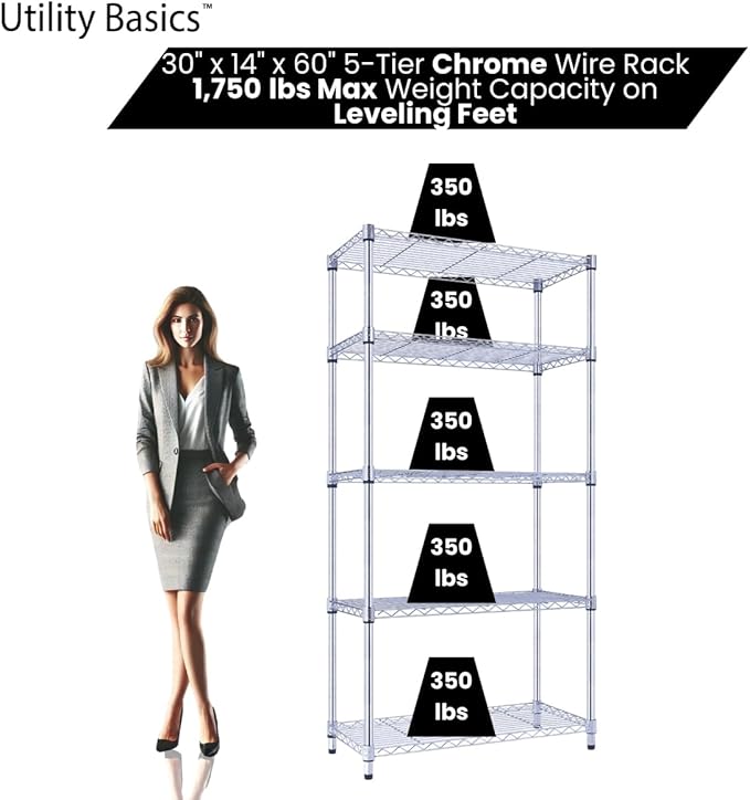 5-Tier Wire Shelving with Wheels, 30"x14"x60" Heavy Duty Metal Shelves 1750 lbs Max Capacity, Chrome Storage Rack for Garage Kitchen Pantry