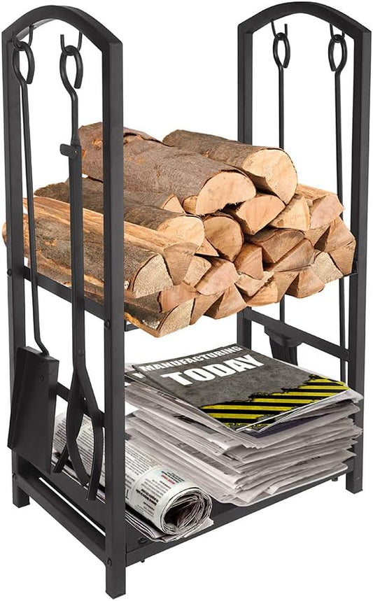 ATR ART TO REAL Firewood Log Rack Fireplace Tool Sets Black Wrought Iron Firewood Storage Holder Fireplace Wood Carrier Fireside Lumber Stacking Log Bin Brush Shovel Poker Tongs 17.8 x 11.8 x 29.3in