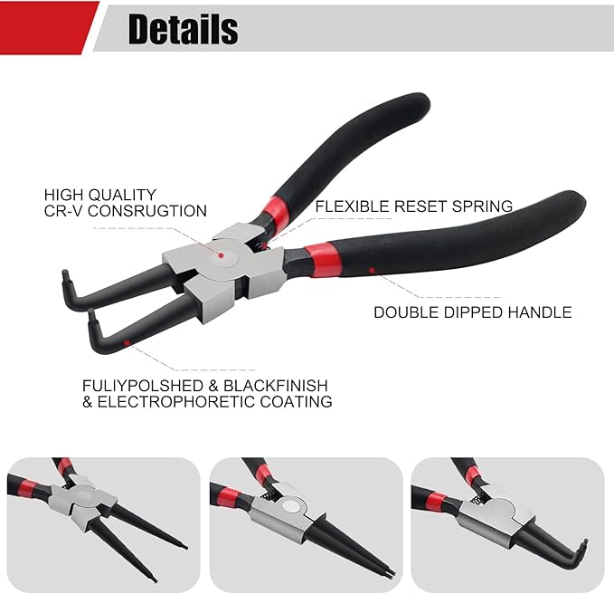 4 Pack 7" Snap Ring Pliers Set with Storage Pouch, Heavy Duty Internal/External Circlip Pliers Kit with Straight/Bent Jaw, Precision Spring Loaded Pliers for Ring Remover Retaining