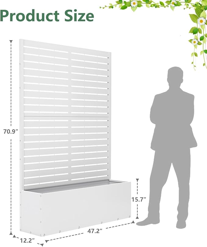 Metal Planter Box with Trellis,70.9"x47.2"x15.7" Raised Garden Bed with Drainage Holes, Privacy Planters for Outdoor Garden Bed for Climbing Plants,Vegetables,and Vines, White-louvered