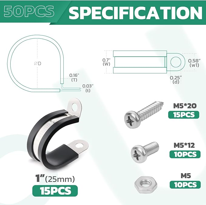 15PCS 1 Inch Cable Clamps with 35PCS Screws Assortment Kit 304 Stainless Steel Rubber Cushioned Insulated Cable Clamp, Automotive Wire Pipe Clamps(25mm)
