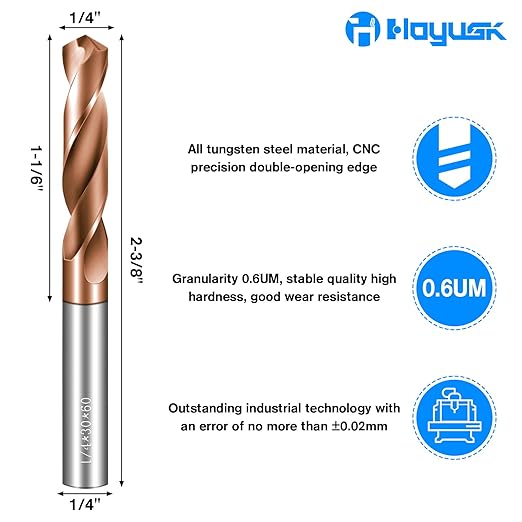 Solid Carbide 1/4" Drill Bits, Tungsten Carbide Drill Bit Set with TISIN Coated, Metal Drill Bit Set for Stainless Steel Hardened Steel Cast Iron Alloy Copper, 2 Pcs New
