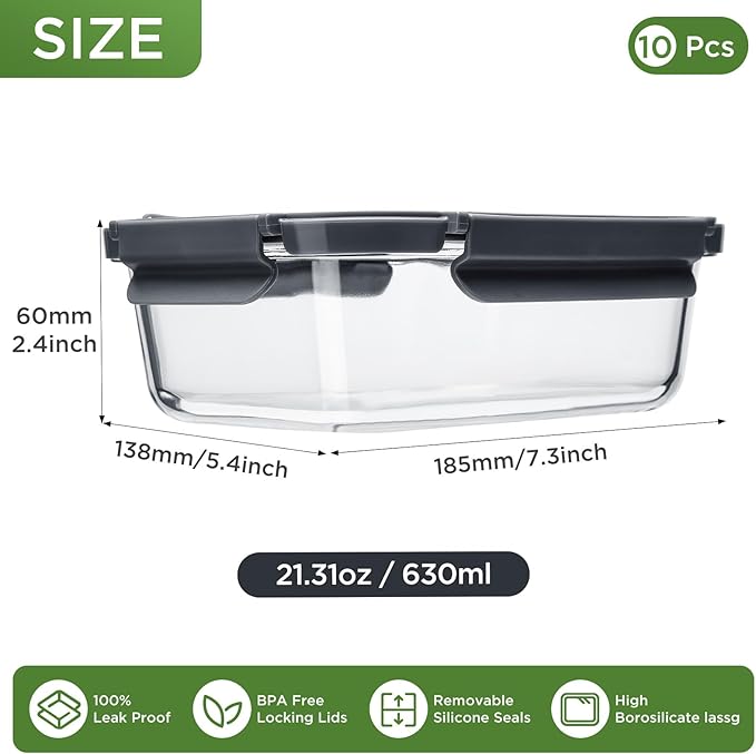 Glass Food Storage Containers with Lids, 10 Pack of 21oz, Glass Meal Prep Container with Airtight Lids, Microwave Safe Food Container Set, BPA Free, LeakProof, Ideal for Lunch