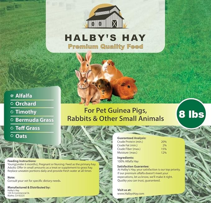 Halby’s Hay™ Premium Alfalfa Flake Hay – 8 lb Bag – Farm Fresh, Sun-Cured, Feed for Rabbits, Guinea Pigs, Chinchillas, Horses & Goats – Soft, Green, Dust-Free, High Protein USA Grown