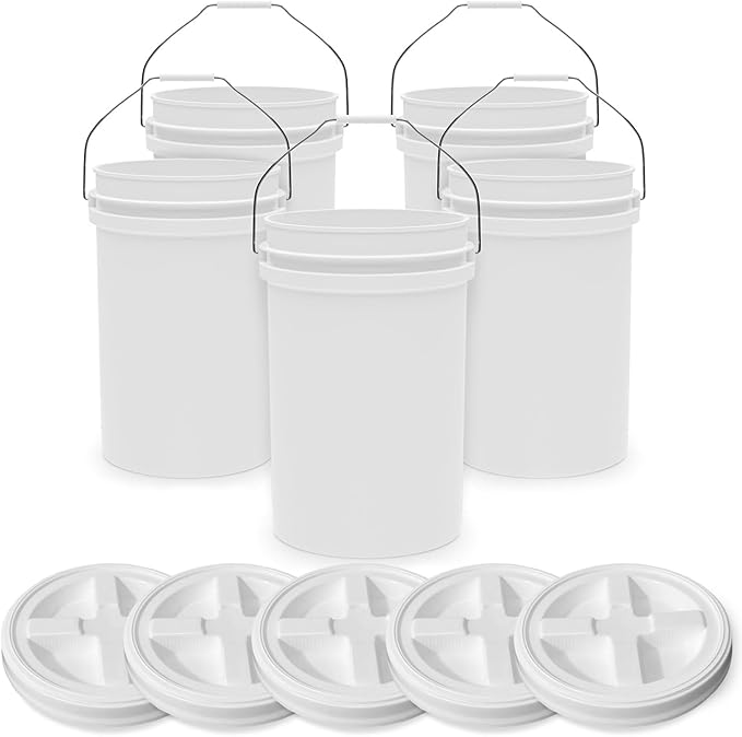 6.5-Gallon White Bucket Pail with Gamma Seal Screw on Airtight Lid, Heavy-Duty 90MIL Extra Durable, Food Grade, Metal Handles with Plastic Grip for Easy Carrying, Easy Stack & Store, BPA Free - 5 Pack