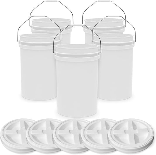6.5-Gallon White Bucket Pail with Gamma Seal Screw on Airtight Lid, Heavy-Duty 90MIL Extra Durable, Food Grade, Metal Handles with Plastic Grip for Easy Carrying, Easy Stack & Store, BPA Free - 5 Pack