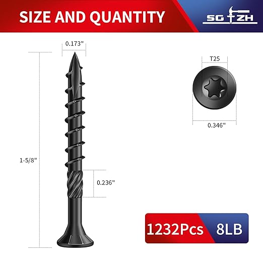 #8 x 1-5/8" Deck Screws (1232Pcs) 8lb. Carbon Steel, Black, Flat Head, Rust Resistant epoxy Coated, with T25 Star Bit