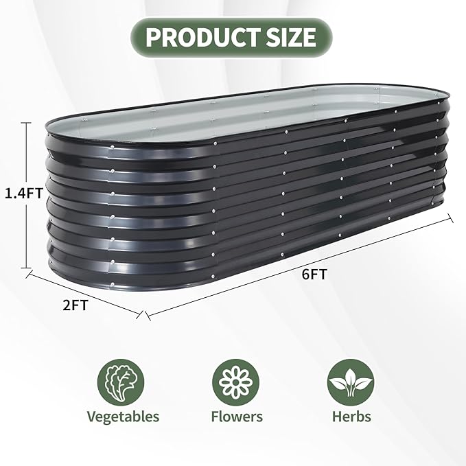 1MORE Galvanized Raised Garden Bed- Planter Garden Boxes Outdoor, Raised Beds for Gardening, 6x2x1.4ft Metal Garden Bed Kit for Vegetables Flower, Planter Raised Bed with Protective Tape.Grey-2pcs