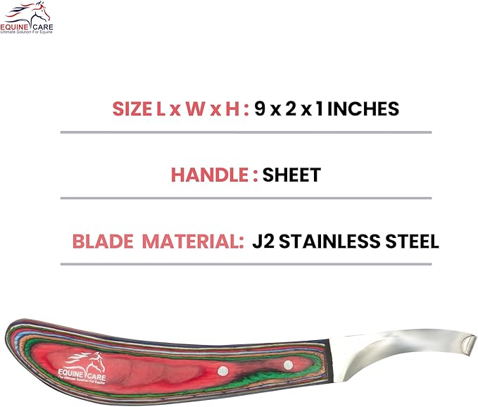 Equine Care Farrier Hoof Knife (Left-Handed) | Razor Sharp J2 Stainless Steel Blade, Ergonomic Handle | Professional Grade Precision Tool for Horse, Cow, Goat & Livestock Hoof Trimming & Shoeing.