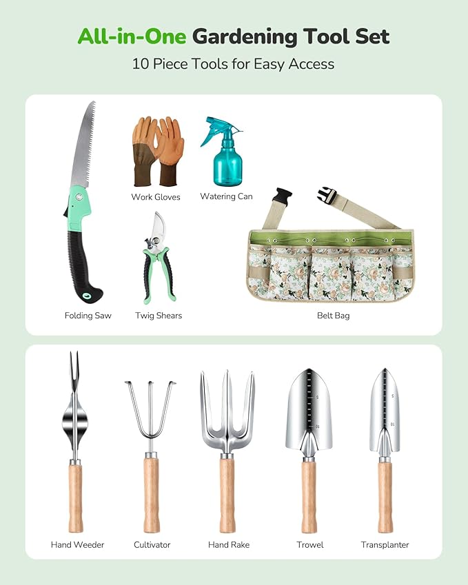 All-in-One Garden Tool Set with Tools Organizer Belt Adjustable, 10-Piece Gardening Hand Tools, Long Lasting Rust-Proof Premium Garden Tool Kit, Gardening Gift for Women Men (Green)
