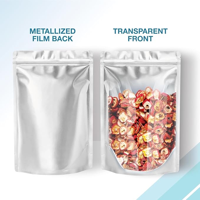 BELLE KR® 7x10 Quart Mylar Bags for Food Storage - Pack Of 200-7.5mil Thick - Gusseted Bottom - Clear Mylar Bags with See Through Window for Freeze Drying food - Labels Included