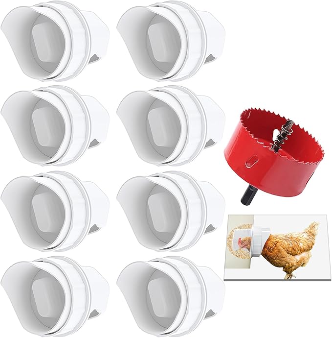 DIY Chicken Feeder Ports Rain Proof Gravity Feed Kits for Buckets, Bins, Troughs and More, 8 Ports