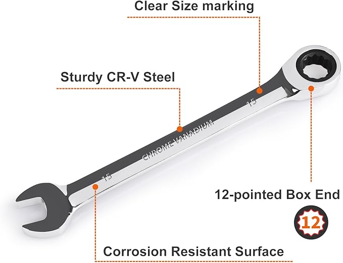 Egofine 15mm Ratcheting Combination Wrench Metric, Industrial Grade Gear Spanner with 12-Point Design, 72-Tooth Ratchet, Chrome Vanadium Steel