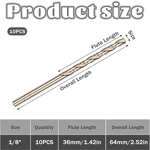 1/8" Cobalt Drill Bit Set, 10 Pcs M35 High Speed Steel Jobber Length Drill Bit Kit, 135 Degree Tip, Tiny Straight Shank Twist Drills for Hard Metal, Stainless Steel, Plastic, and Hard Wood
