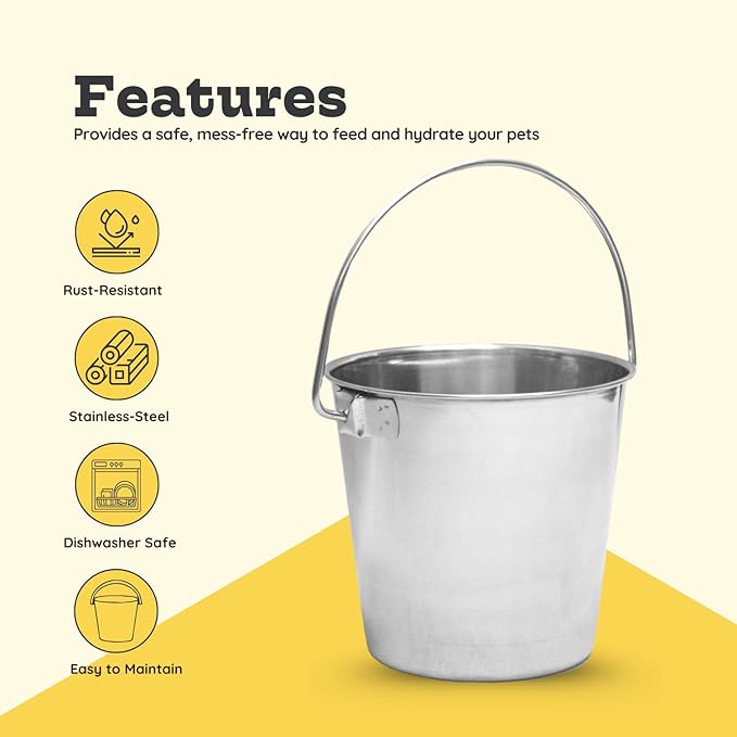 9 quart Heavy Duty Stainless Steel Round Bucket with Handle | 2.25 gal Sturdy Food & Water Bowl for XL Dog Goat sheep Horse & Livestock | Fits kennel Crate Farm | Hanging Utility Pet Pail