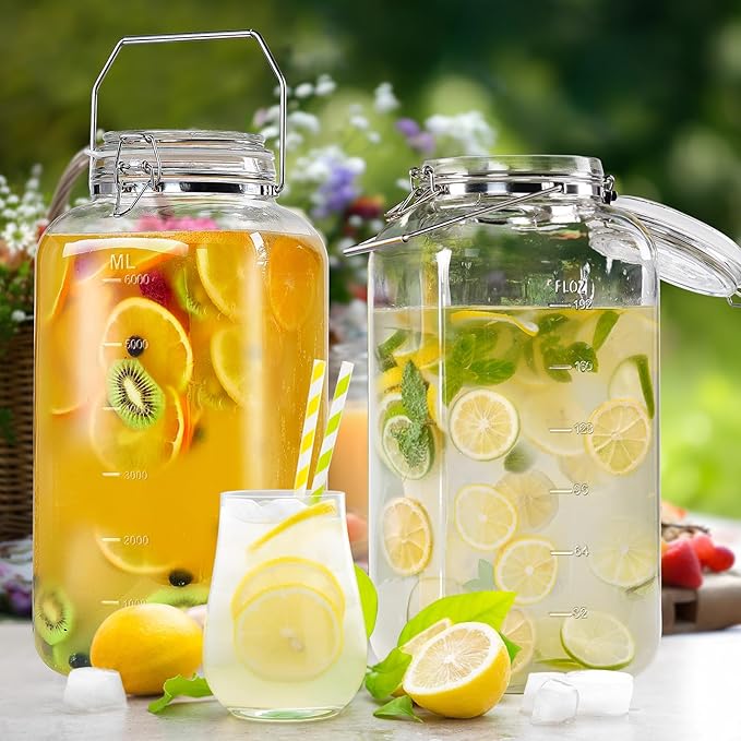 [Upgrade] 2 Gallon Glass Jars with Airtight Lids, 7400 ml Large Wide Mouth Glass Mason Jars with Stainless Steel Handle, Big Storage Jars with Lids, 2 Scale Markings Cereal Containers Storage