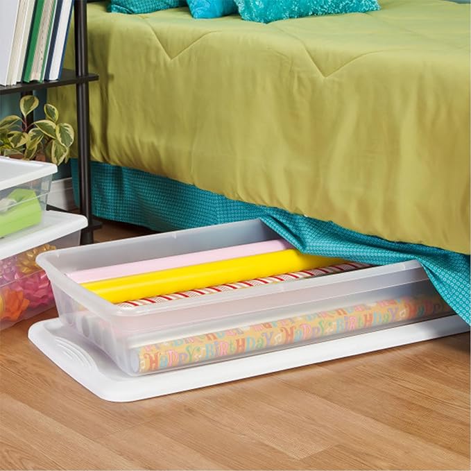 Sterilite 6 Pack Storage Box, 41 Quart Stackable Tote, Clear Plastic Container with Secure Snapping Lids for Home and Office Organization, White