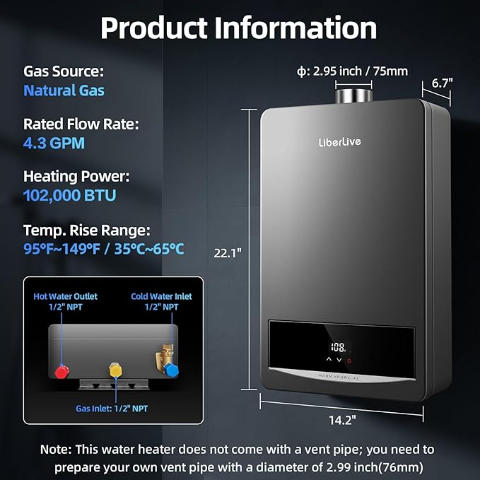 Natural Gas Tankless Water Heater, Indoor Max 4.2 GPM, 102,000 BTU On Demand Instant Hot Water Heater Natural Gas with LED Temperature Control Panel, 1/2" NPT Connector Size, CSA Certified, Gray