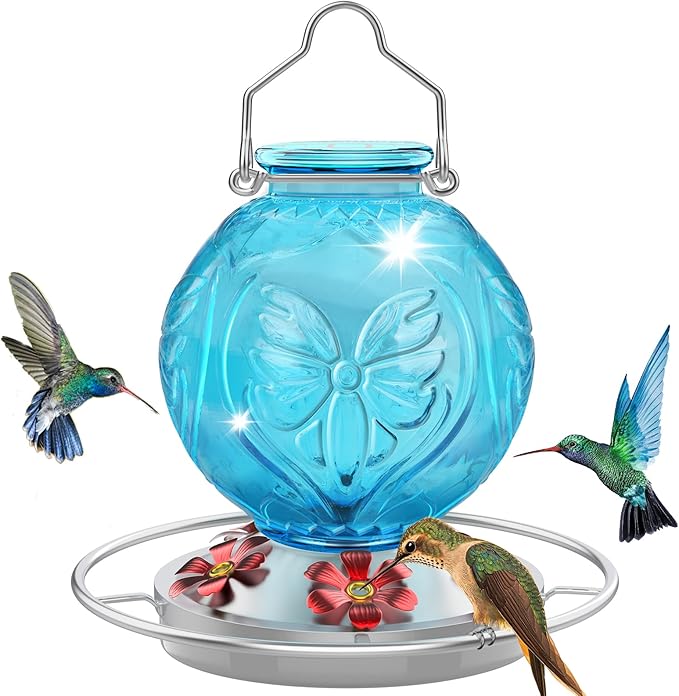 Glass Hummingbird Feeder for Outdoors Hanging, 25Oz Humming Bird Nectar Feeders with Perch & 5 Flower Feeding Ports, Leak Proof for Outside Garden Decor, Gifts for Women (Blue)