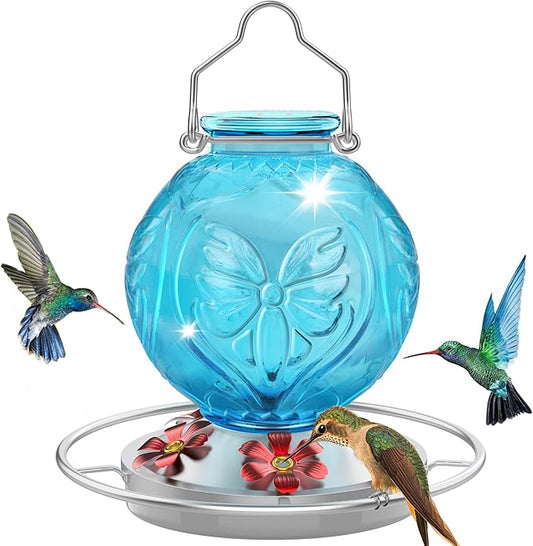 Glass Hummingbird Feeder for Outdoors Hanging, 25Oz Humming Bird Nectar Feeders with Perch & 5 Flower Feeding Ports, Leak Proof for Outside Garden Decor, Gifts for Women (Blue)